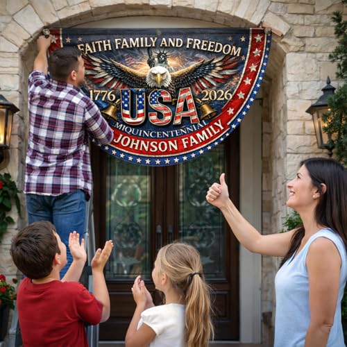 NAZENTI Personalized 250 Years of Freedom Flag, Custom 250 Year American Anniversary Banner with Family Name, 250th American Anniversary Decorations, Patriotic Banner Gifts for Family, Friend A02