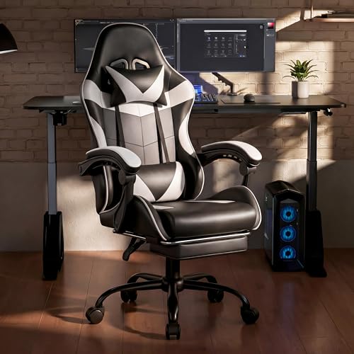 Image of Gaming Chair, Ergonomic Footrest, Lumbar & Headrest(Black White)