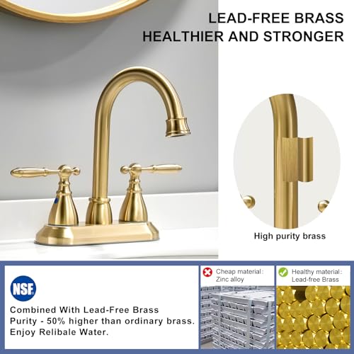 Brushed Gold Bathroom Faucet with Pop-up Drain Assembly, 2 Handles Centerset Bathroom Sink Faucet 4 Inch with 360° Swivel Spout, Stainless Steel Faucet for Vanity Sink with Water Supply Lines thumbnail 4