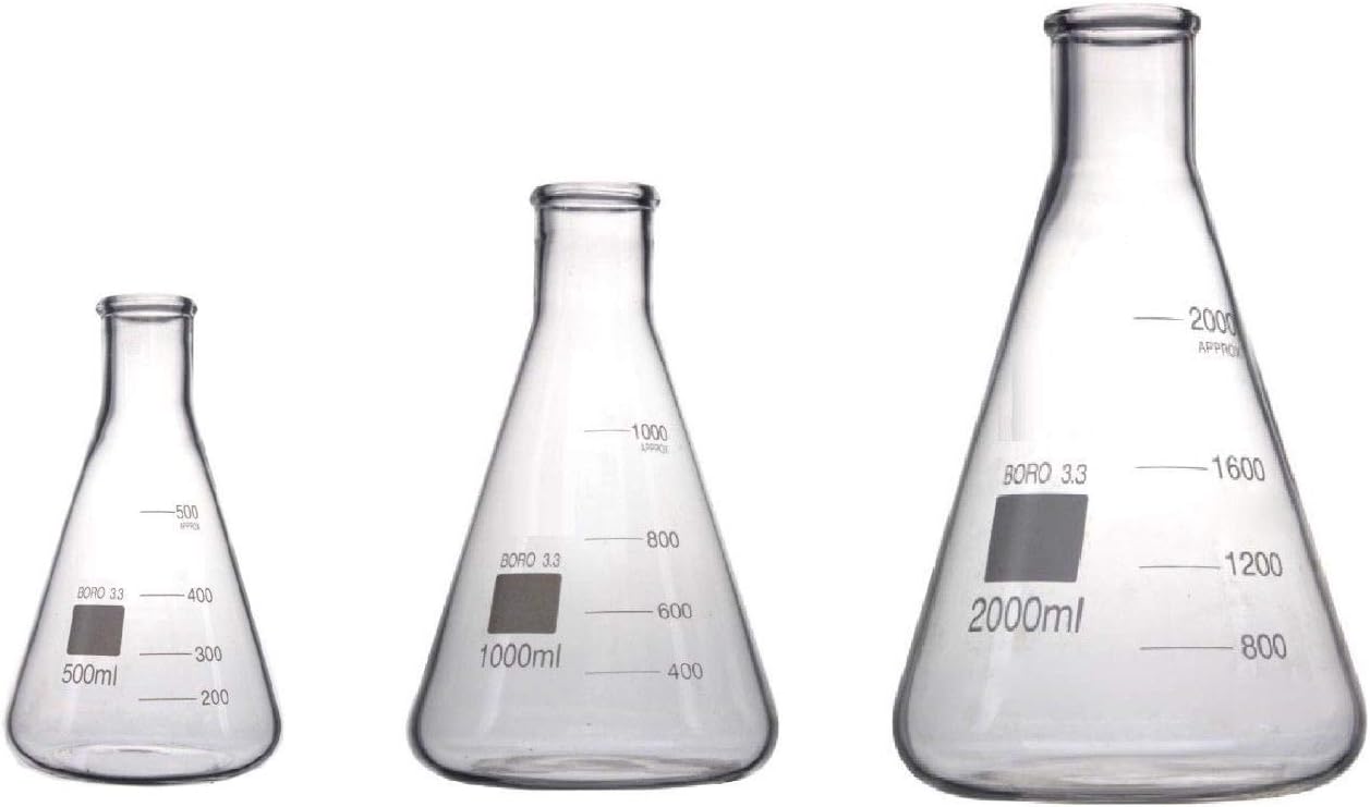 Rocwing - Borosilicate 3.3 Glass Graduated Conical Erlenmeyer Flask for Laboratory (500ml+1000m+2000ml)