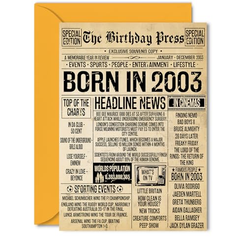 23rd Birthday Card for Women Men - Bday Press Newspaper 2003 - Happy 23 Birthday Cards for Cousin Brother Nephew Grandson Friend Niece, 5x7 Inch Bday Greeting Cards