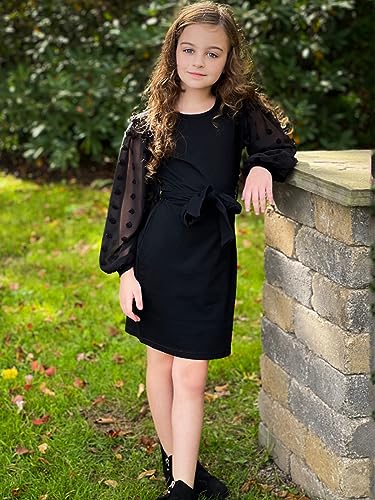Girls Dress Kids Mesh Long Sleeve Dresses Self Belted Elegant Bodycon 7-14 Years4