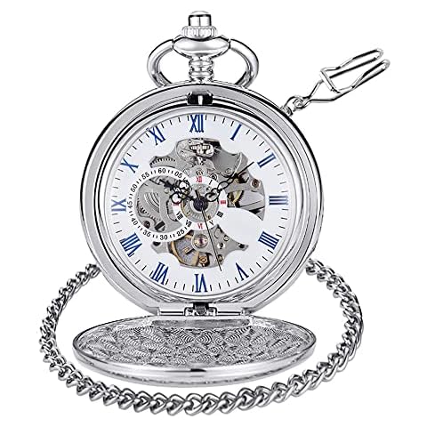 Tiong Vintage Smooth Steel Skeleton Stylish Silver Full Hunter Mechanical Pocket Watch Cover