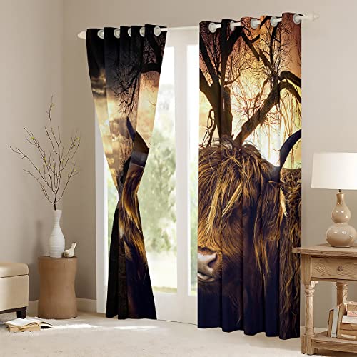 Loussiesd Highland Cattle Curtain for Bedroom Living Room Farm Highland Cow Darkening Drapes Kids Women Men Farmhouse Animal Window Curtains Retro Window Treatments W52*L90 - Image 3
