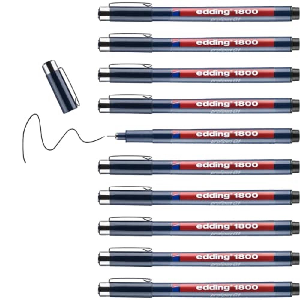 edding 1800 profipen - black - 10 pens - line width 0.25 mm - fineliner pen for precise writing, sketching and technical drawing - fine, metal-encased nib - suitable for use with rulers and stencils