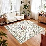 5x5 Living Room Area Rug Washable: Floral Non-Slip Mats for Indoor Floor Entryway Dining Room Bedroom - Soft Thin Carpet for Vintage Neutral Home Decor (5ft Square, Beige)