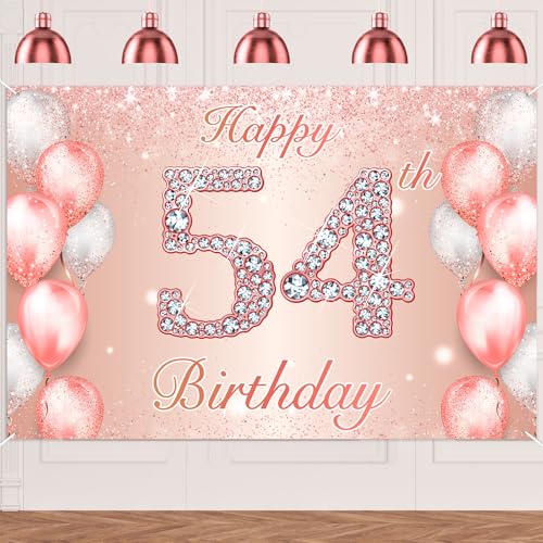 Image of Happy 54th Birthday Rose Gold Banner Cheers to 54 Years Old Backdrop Confetti Balloons Theme Decor for Women 54 Years Old Pink Birthday Party Decorations Bday Supplies Background Favors Gift Glitter
