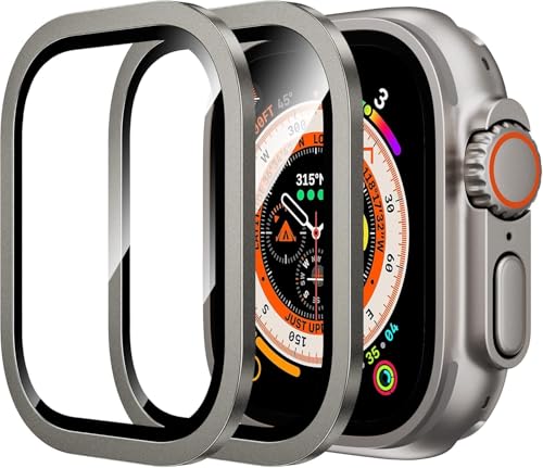 Image of Screen Protector for Apple Watch Ultra 3 / Ultra 2 / Ultra 1 (49mm), 9H Tempered Glass with Titanium Alloy Frame, Touch Sensitive, Lightweight Full Protection, 2 Pack[Titanium]