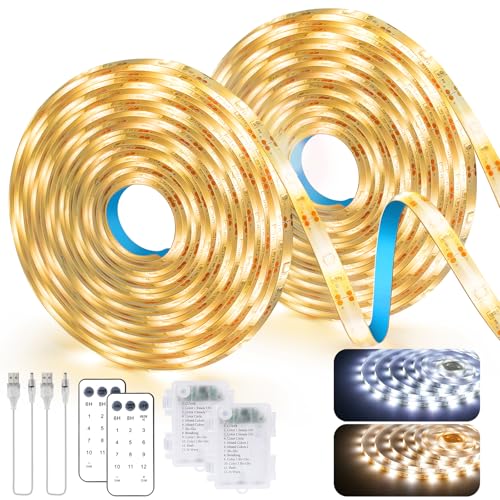 Image of 2 Pack LED Strip Lights Indoor Outdoor Waterproof, 16.5ft 150 LED 2700K-6000K Tunable White Battery Powered LED Strip Lights with Remote USB Dimmable Timer Cuttable for Kitchen Bathroom Yard Pool