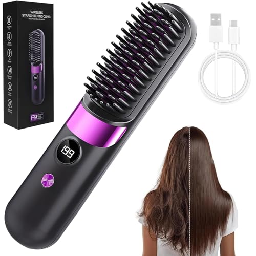 Glättbürste Kabellos Haarbürste Elektrisch Damen Stylingbürste für Kurze Langes Haare Haarglätter Bürste Tragbare mit 4 Wärmestufen Hair Straightener für Reisen Täglichen Gebrauch
