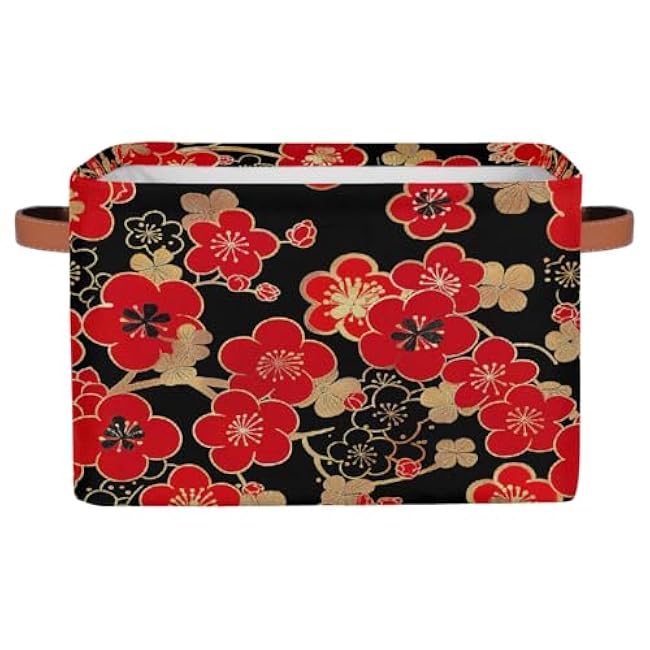 Storage Basket, Red Black Cherry Blossom Large Capacity Storage Bin, Cube Foldable Organizer for Closet Trunk Shelves 1pcs