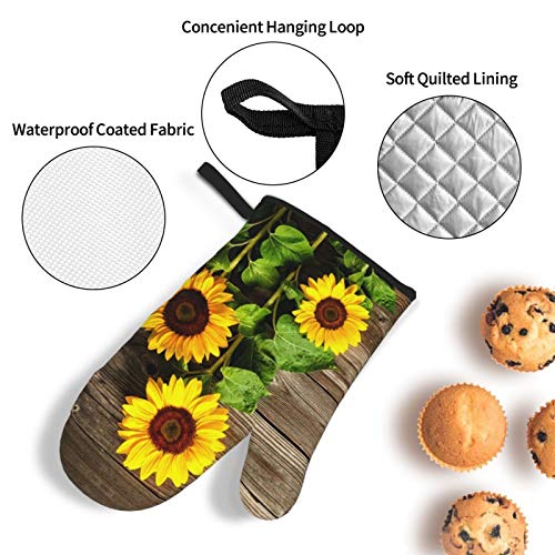 Msguide Beautiful Sunflowers Vintage Wood Print Oven Mitts And Pot Holders Sets, Heat Resistant 4 Pcs For Safe Bbq Cooking Baking Grilling #TOP3