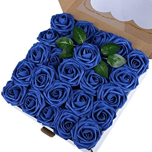 Breeze Talk Artificial Flowers Royal Blue Roses 25pcs Realistic Fake Roses w/Stem for DIY Wedding Bouquets Centerpieces Arrangements Party Baby Shower Home Decorations