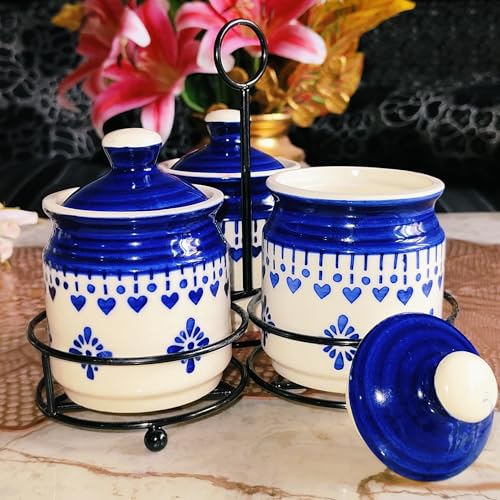 Image of Niyara Handcrafted Ceramic Pickle Jar Set, Spoons & Lids - Multipurpose Storage for Pickles, Chutneys, Spices & Condiments (Set of 3, 300ML /Each with metal tray) (Blue floral design)