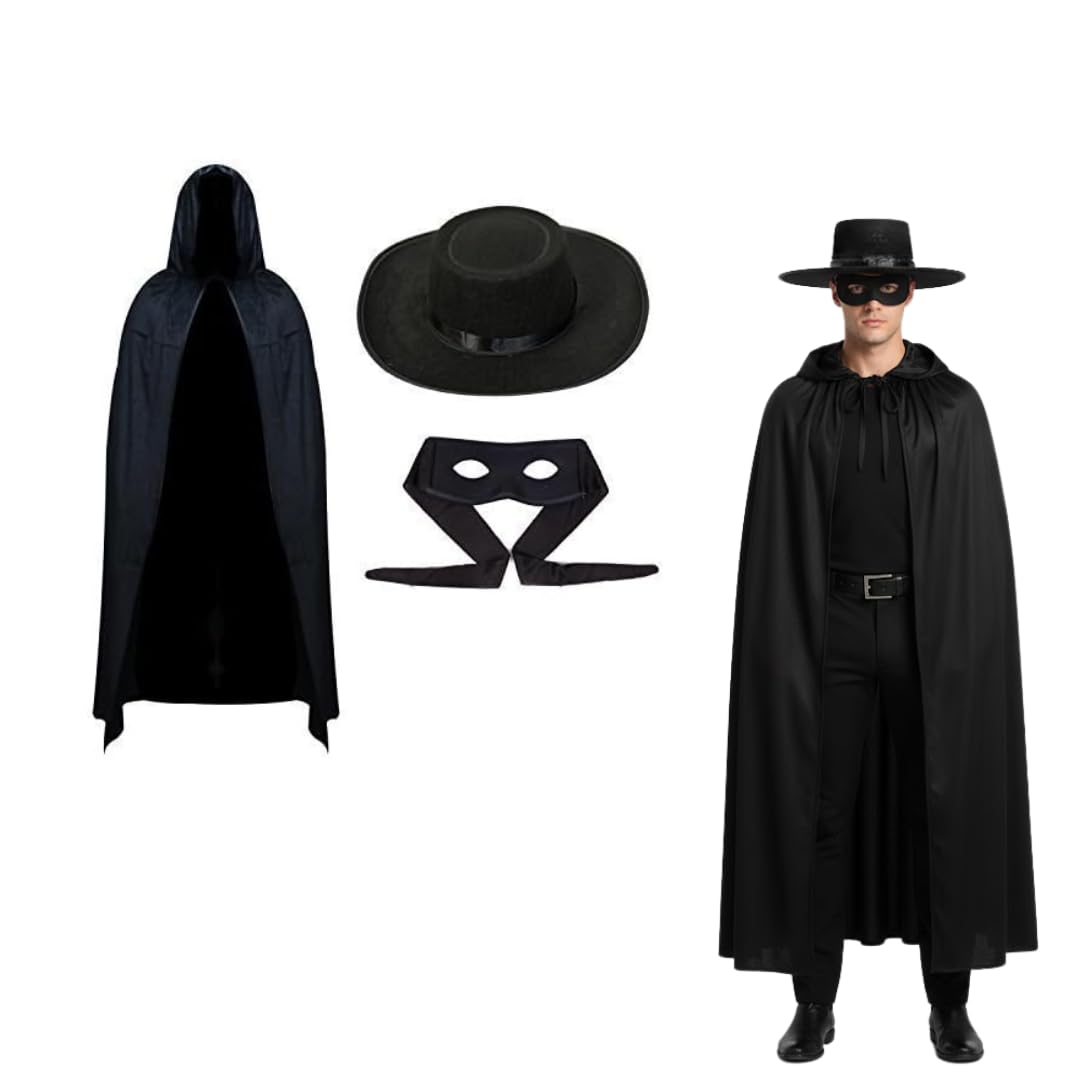 The Tie Co™ Men’s Zorro Costume Set – Halloween Fancy Dress Outfit with Black Cape, Hat & Mask – Classic Hero Disguise for Parties & Events