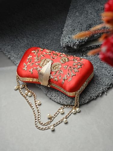 Image of TOOBA Handicraft Women's Beautiful Bling Box Clutch Bag | Evening Bag, Bridal Purse & Party Handbag | Wedding & Special Occasion Clutch (Flower Leaf)