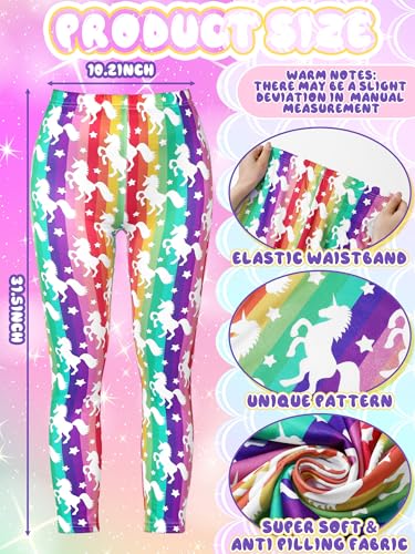 4 Pack Girls Leggings Soft Stretchy Printed Pants for Kids 8-12 Years Tie-dye Rainbow Unicorn, Pink Unicorn & Scale Patterns Ankle Length Athletic Yoga Pants3