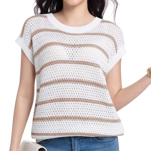 Womens Sweater Vest Round Neck Striped Short Sleeve Sweater Tops Casual Trendy Spring Fall Clothes