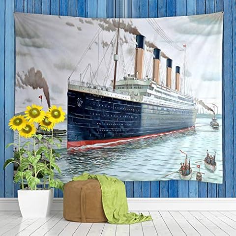 jingjiji Nautical Tapestry Wall Hanging Vintage Classic Titanic Ship Ocean Scenery Watercolor Art Wall Hanging Tapestries Decor Bedroom Living Room Dorm Polyester Fabric 90 x 71 Inch Dark Blue Cover