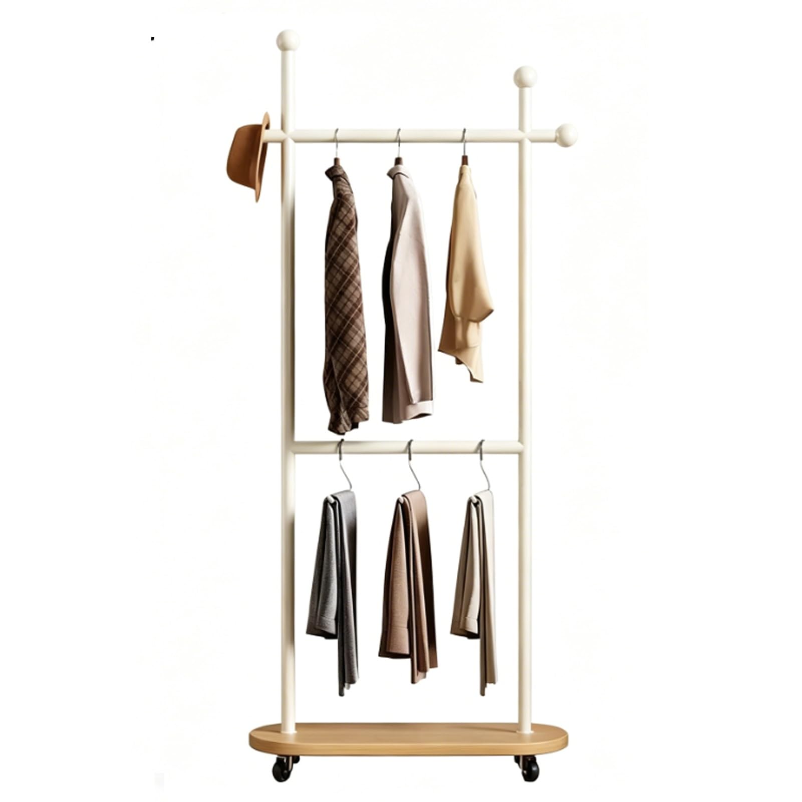 YAOHY Coat Rack Freestanding Clothing Rack with Wheels, Double-pole Clothing Racks with Storage Shelves for Corner Bedroom Hallway Entryway Living Room Hotel(White,31.4in/80cm,Style2)
