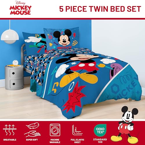 Image of Disney Mickey Mouse Twin Comforter Set 5 Piece Kids Cartoon Bedding, Blue | Bed in a Bag, Comforter Sheets Sham Pillowcase, Official Product, Soft Microfiber, Machine Washable, Easy Care, Boys Gift