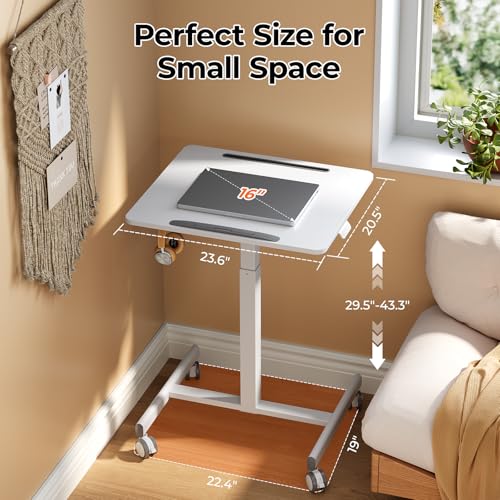 Image of JOY worker Mobile Standing Desk, 23.6 inch x 20.5 inch Small Rolling Laptop Cart with 90 Tiltable Desktop, Portable Height Adjustable Sit-Stand Computer Desk on Wheels for Home Office, White