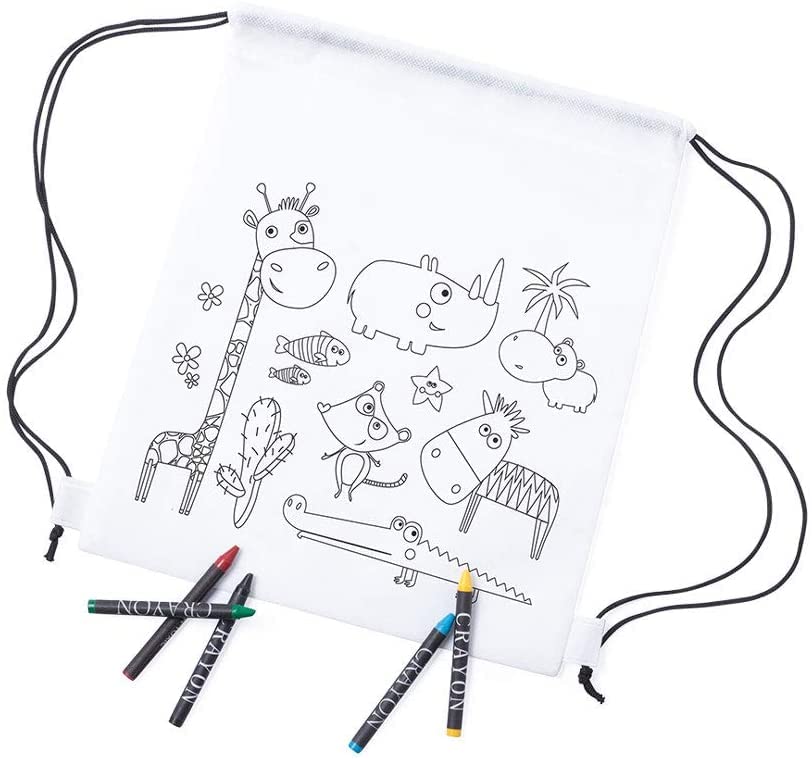 Lote 20 Unidades. Bolsa Mochila animalitos para Colorear con 5 Ceras de Colores. Regalos cumpleaños, colegios, ampas, Detalles para Eventos Infantiles