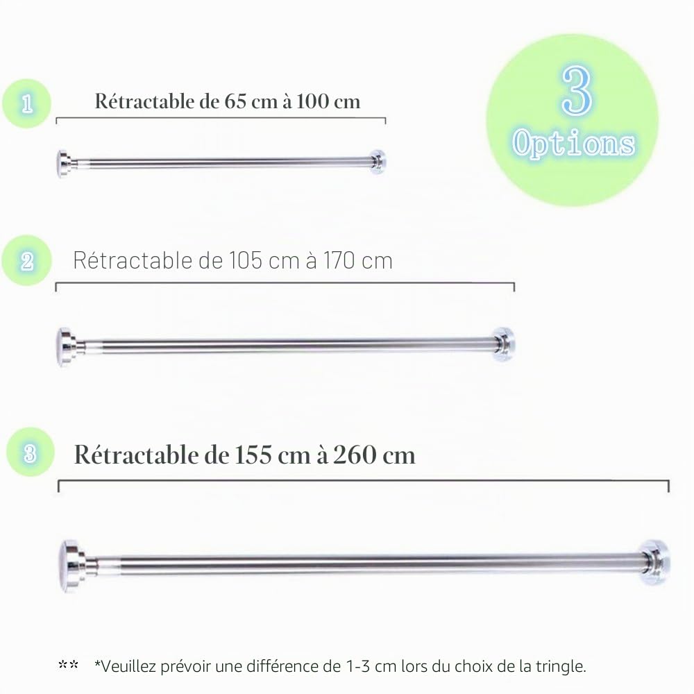Tringle Extensible pour Rideau de Douche 105-170CM, Acier Inoxydable Barre Télescopique pour Rideau, Vêtement, Salle de Bains, Fenêtres ou Portes