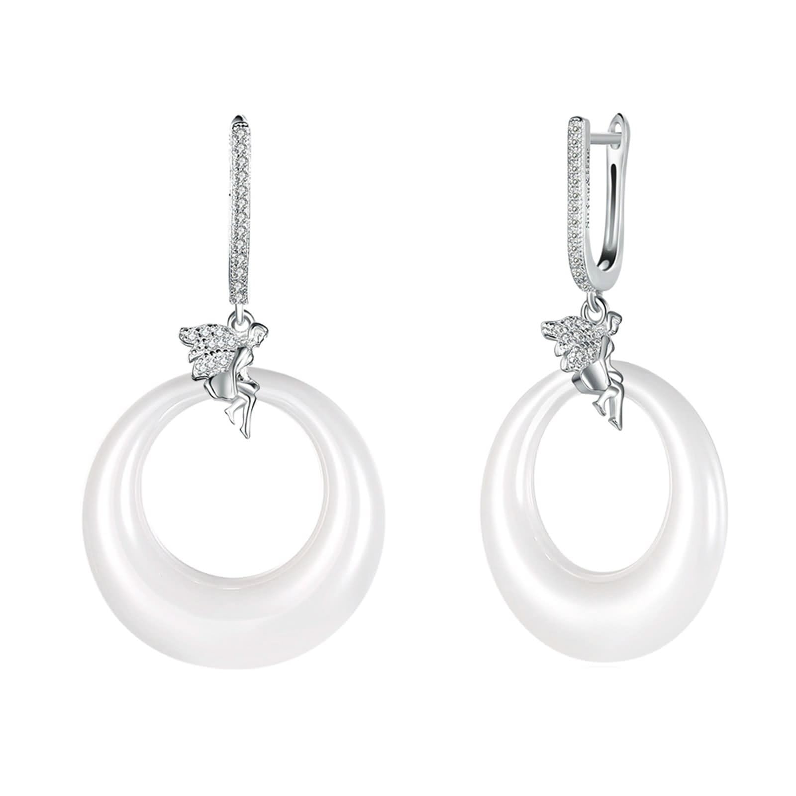Pendientes colgantes vintage, aretes colgantes de plata, aretes redondos de moda para mujer con circonita cúbica blanca, plata de ley, Plata de ley, Circonia cúbica