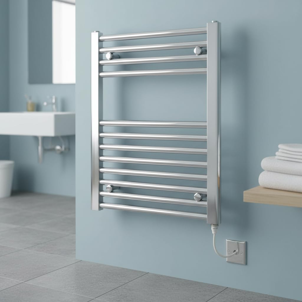 Toallero eléctrico recto cromado con calefacción, 600 mm de ancho x 600 mm de alto, radiador plano para toallas de baño
