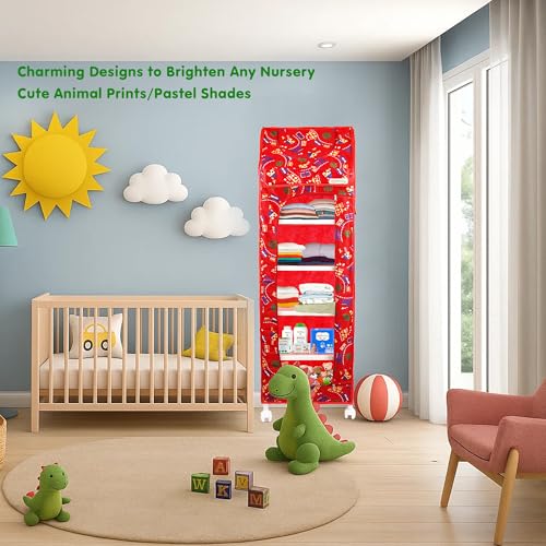 Image of OYO BABY Kids Wardrobe for Storage 6 Shelves | Heavy Duty Plastic Almirah for Baby Clothes, Toys & Books Rack | Compact Storage Organizer for Nursery /Bedroom [Printed - Red]