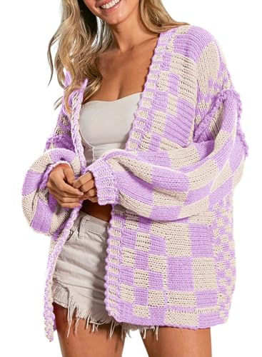 SELINK Suéter tipo cárdigan para mujer, vintage, frente abierto, patrón a cuadros, punto grueso, manga larga, para uso diario, Morado y beige., S