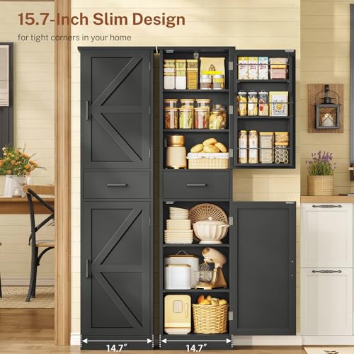 Image of TEENFON Tall Storage Cabinet with 3 Door Shelves & 1 Drawer, Narrow Kitchen Pantry Cabinet for Living Room, Bathroom, Entryway, Black