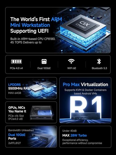 Image of MINISFORUM MS-R1 ARM Mini Workstation with UEFI Boot CIX CP8180(12C /12T, up to 2.6GHz), 45 Tops, 64GB ECC LPDDR5 NO SSD Mini PC, PCIe x16 Slot, 2X 10GbE LAN, HDMI /2xUSB-C Triple Display, VM & Docker