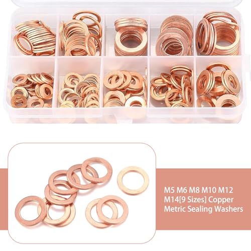 Image of 200 PCS Car Sealing Gasket Classification Combination Set, 9 Specs M5 M6 M8 M10 M12 M14 Copper Anti-Rust Washer, Waterproof Multi-Functional Oil Pan Plug Gasket, Universal for Cars (Gold)