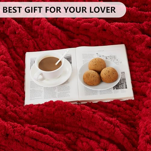 L'AGRATY Chunky Knit Throw: 72''x84'' Chenille Blanket for Bed Couch - Handmade Thick Big Cable Knit - Large Crochet Rope for Home Decor (Red)