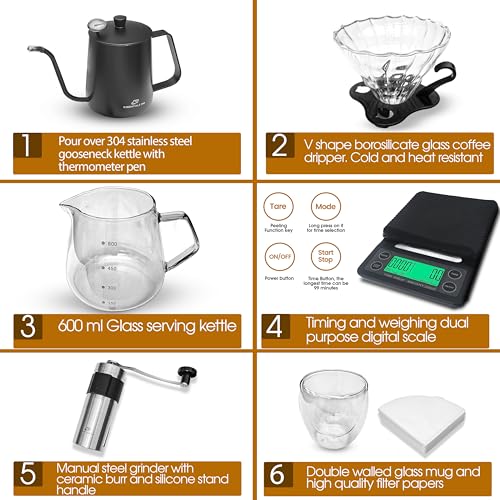 Image of V60 Pour Over Coffee Maker Set - Portable Coffee Kit 9Pcs with V60 Kettle, Digital Scale, Double Walled Mug, Glass Server, Manual Grinder, Glass Dipper, 100 Paper Filters & Coffee Scoop