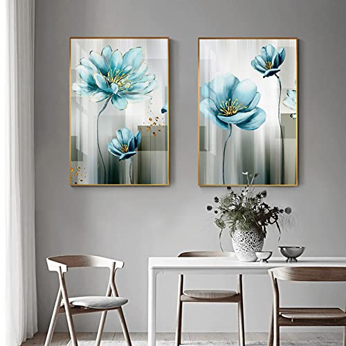Impression mur photos salon moderne sous forme de triptyque abstrait bleu fleurs d'or