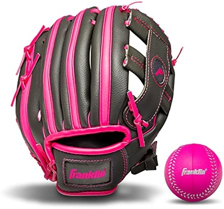 Franklin Sports unisex youth Right Handed Thrower Franklin Sports Kids Baseball Gloves RTP Child s Tball Glove Ball Set Boys Girls Teeball Mit, Graphite/Pink, 9.5 US