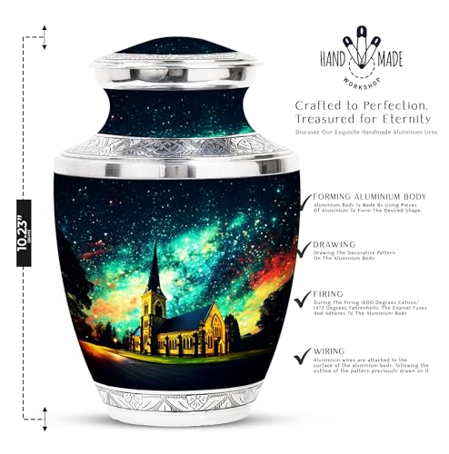 Image of Church Steeple Night Large Urns For Human Ashes Adult Male - Customized Adult Urns - Unique Cremation Urn For Ashes Dad - Personalized Urn For Ashes For Women - 10 Inch Large With Velvet Bag