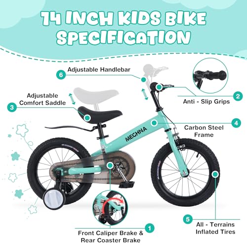 Image of MEGHNA 2 in 1 Toddler Balance Bike 14 inch Wheel Kids Bike Aged 3-7 Years Old with Footrest Detachable Training Wheels Caliper and Coaster Brake Strider Bike for Boys Girls, Easy to Assembly