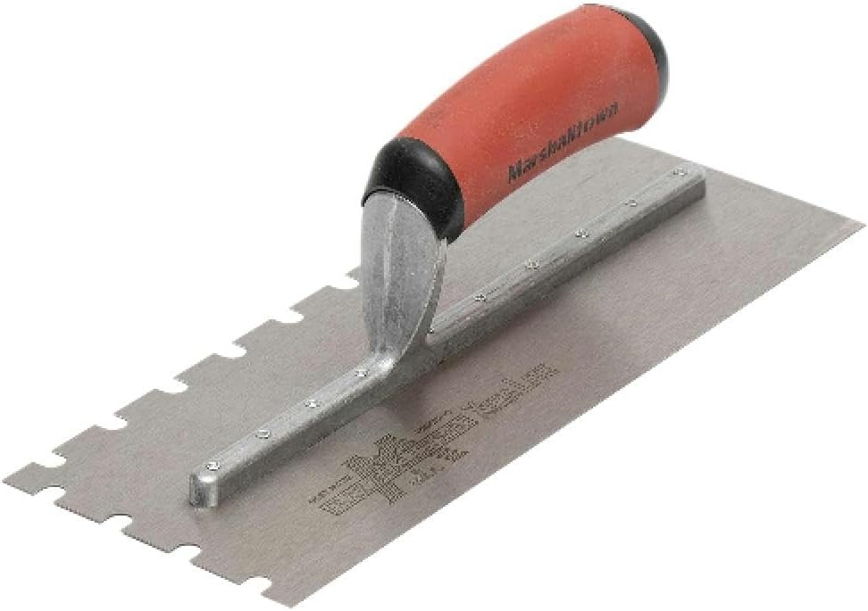 Marshalltown Stainless Steel Trowels, DuraSoft Trowel Handle, U-Shaped Notch Shape, 8mm X-Notch Size, 8mm Y-Notch Size, 19mm Z-Notch Size, 279mm Blade Length, Made in The USA, 5707SSD