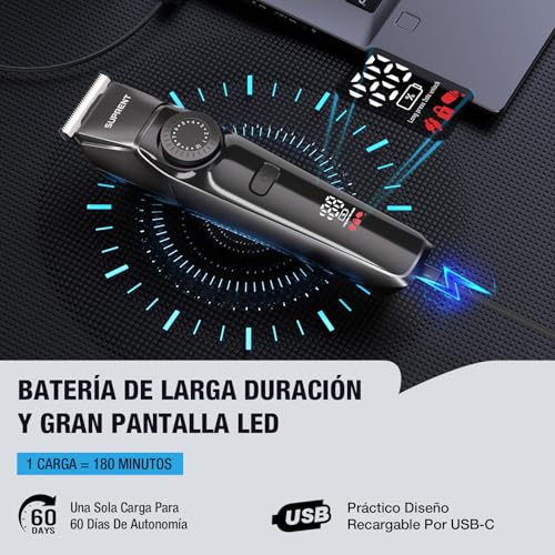 SUPRENT Recortadora De Barba Hombre - Afeitadora Eléctrica 5 En 1 Con 4 Accesorios, IPX7 Impermeable Recortadora De Barba, 90 Min De Autonomía Y Pantalla LED - imagen 6