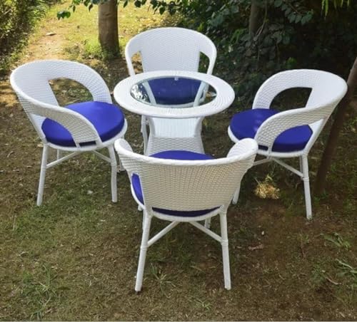 Image of India 4+1 Outdoor Indoor Patio Furniture Sets Rattan Chair Patio Set Conversation Bistro SetChairs Balcony Outdoor Garden Furniture Chair (White and Blue Cushion)