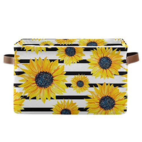 Image of Emelivor Sunflower Stripe Storage Bin Collapsible with Handle Rectangle Waterproof Sunflower Stripe Basket for Storage Cube Closet Organizer for Toy Nursery Book Office Shelf Bathroom