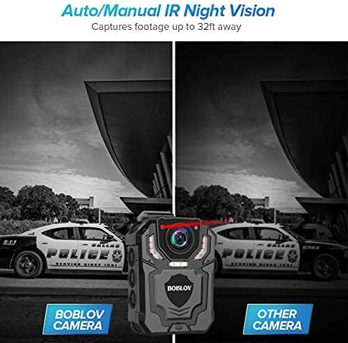 Comparison image showing a scene in daylight and the same scene with infrared night vision activated, highlighting the camera's ability to capture footage up to 32 feet away in darkness.