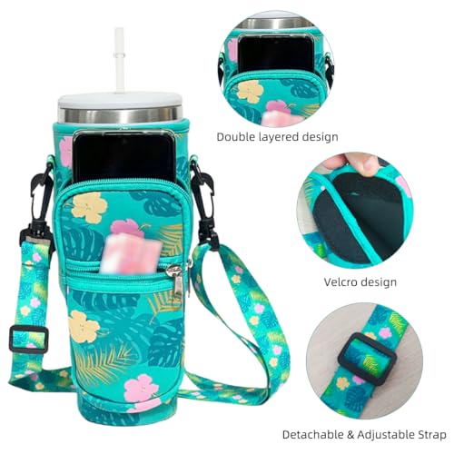 Image of HASTHIP Bottle Carrier Bag for Stanley Tumbler, Fashion Print Water Bottle Sling Bag with Phone Pocket, Neoprene Water Bottle Holder Pouch with Detachable Shoulder Strap