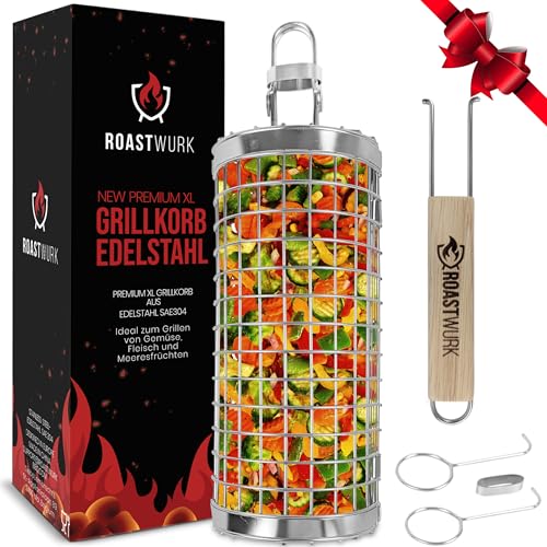 ROASTWURK Premium XL Grillkorb Fleisch Gemüse | Rollendes Grillkörbe 304 Edelstahl Camping Außengrill Gasgrill Kohlegrill grillzubehör Geburtstags Weihnachtsgeschenk für Männer geschenke grillen
