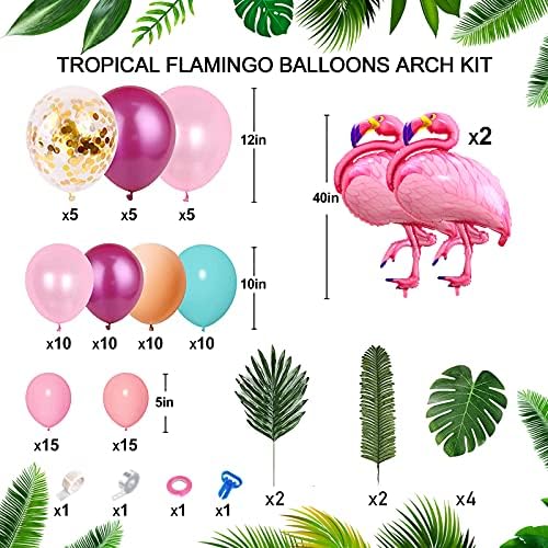 100 Pcs Tropical Balloon Arch Kit, Hawaiian Balloon Arch Garland Kit, Flamingo Balloons with Jungle Palm Leaves, Multi Coloured Balloon Arch for Birthday Wedding Tropical Party Decorations