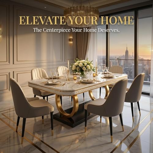 Image of 6-Seater Dining Table with Nano Composite Marble Top and PVC Golden Wooden Base |2yr Warranty - Includes 6 Fabric Upholstered Chairs (Grey&Cream, White Nano Composite Marble Top)